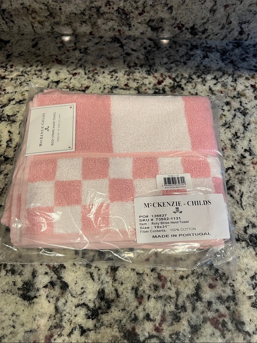 Mackenzie-Childs Rosy Stripe Bath Towel and Hand Towel. NWT.